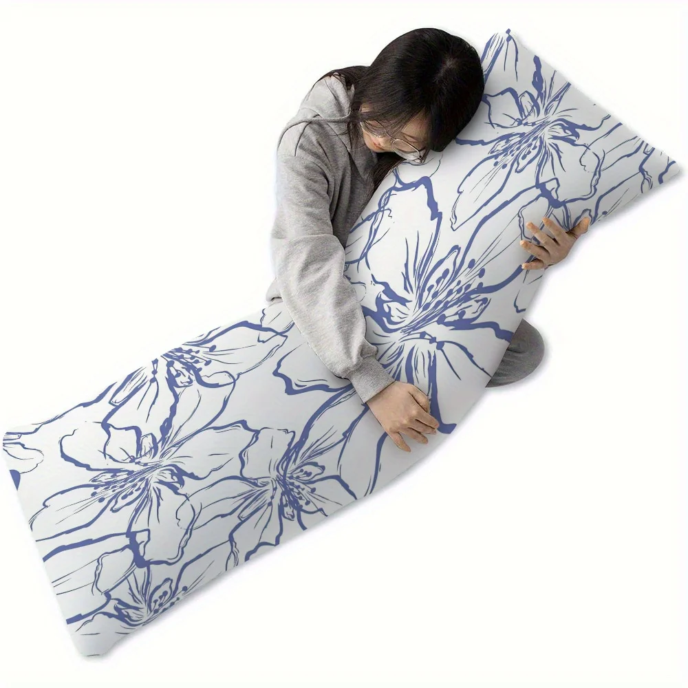 Reversible Floral Body Pillow Cover Contemporary Blue & White Polyester Zippered Closure  Machine Washable