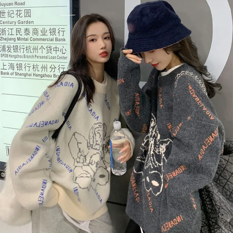 Y2K Harajuku Goth Angel Print Sweater Long Sleeve Jumper Oversize Knit Autumn Winter Sweater Casual Women Sweater