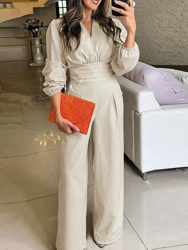 VONDA Fashion Solid Color Wide Leg Jumpsuits Women Autumn Long Sleeve V-neck Romper Vintage Lantern Sleeve High Waist Playsuits