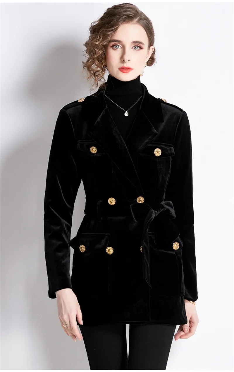 

Double Row Lion Buckle Women Long Trench Coat Diamond Lattice Gold Velvet Tops Unique Slim Long Sleeve Windbreak Newest In Stock