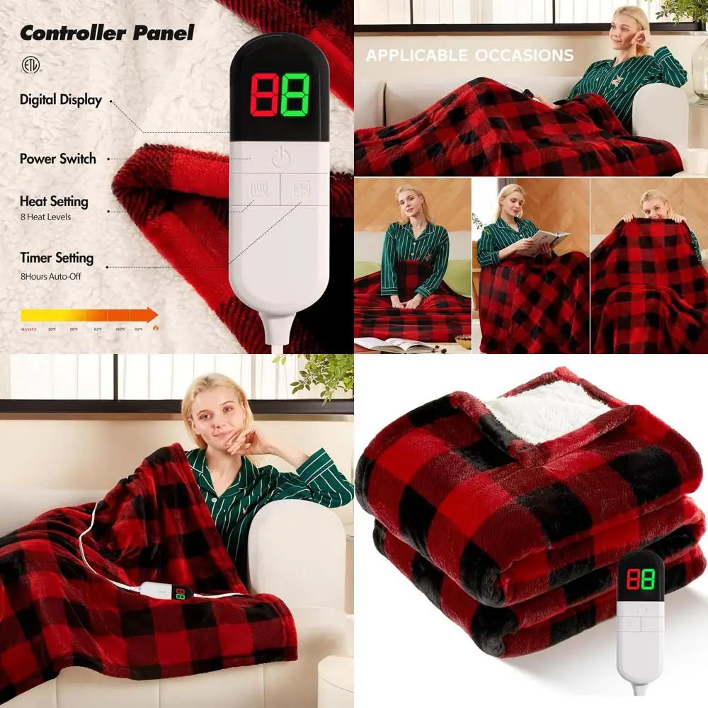 

Sherpa Buffalo Plaid Christmas Twin Electric Blanket, 62x84, 8 Heat Levels, Auto-Off, Washable, Overheat Protection, ETL Certifi