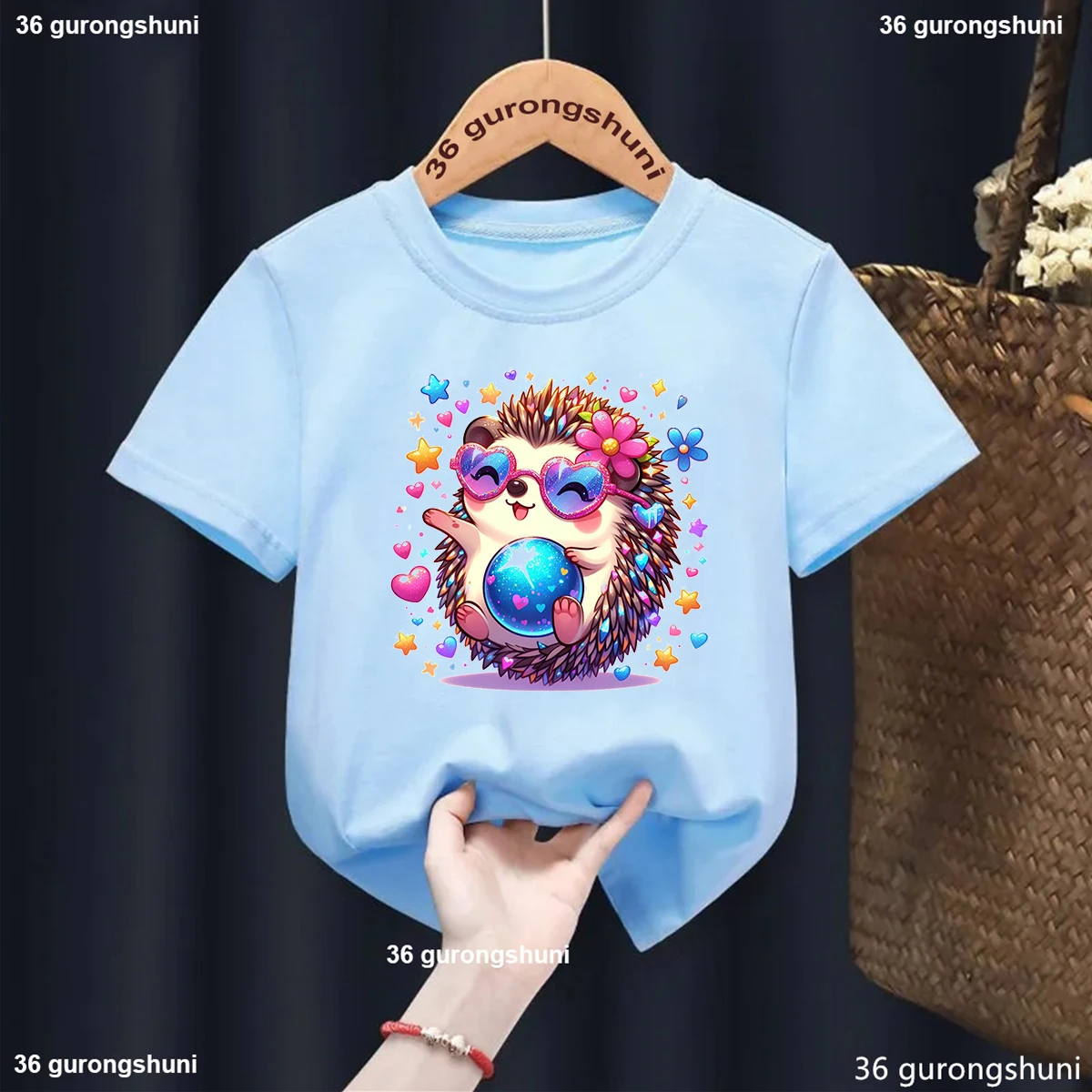 New Girls T-Shirt Cute Hedgehog Print Tshirt Kids Give Children Birthday Gifts Tshirt Summer Girl Pink Blue Shirt Top Wholesale