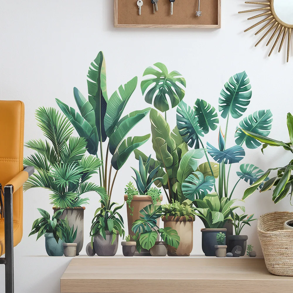 Tropical Potted Plant Wall Stickers for Living Room Bedroom Background Wall Decor Banana Leaf Wall Decals Bathroom Office Mural