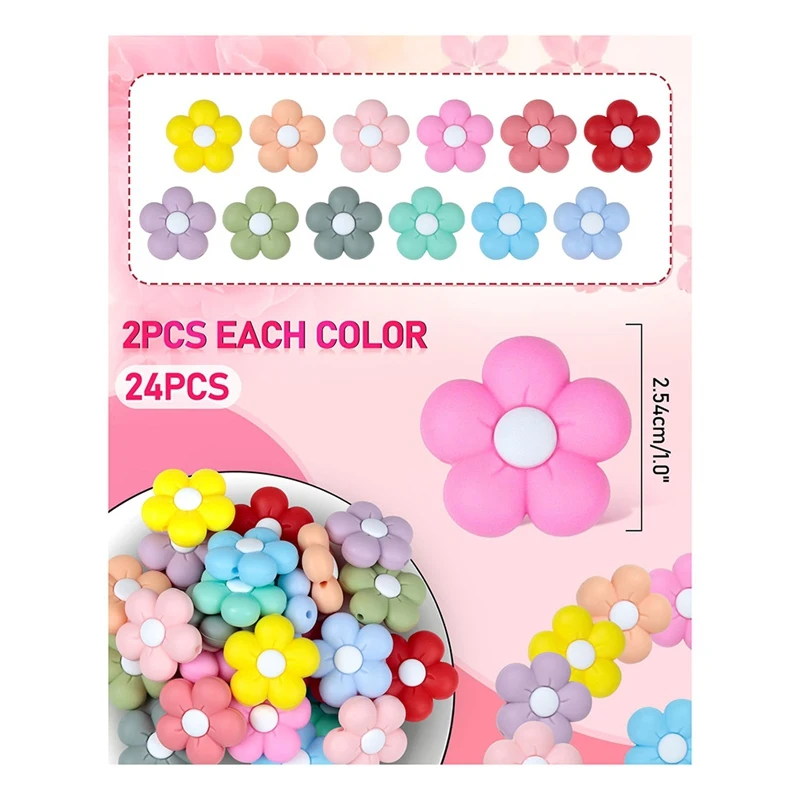 24 peças de contas de silicone, flores e amuletos fofos para chaveiros diy, canetas, pulseiras, colares, cordões e materiais de artesanato