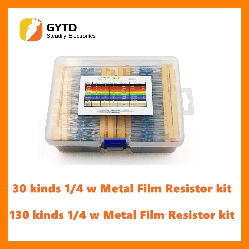 

300-2600pcs 1/4w Metal Film Resistor Kit Set 30 Values Resistors Pack 10r~1m Set Of Resistors Electron Kit Diy Box 1k 10k Ohm