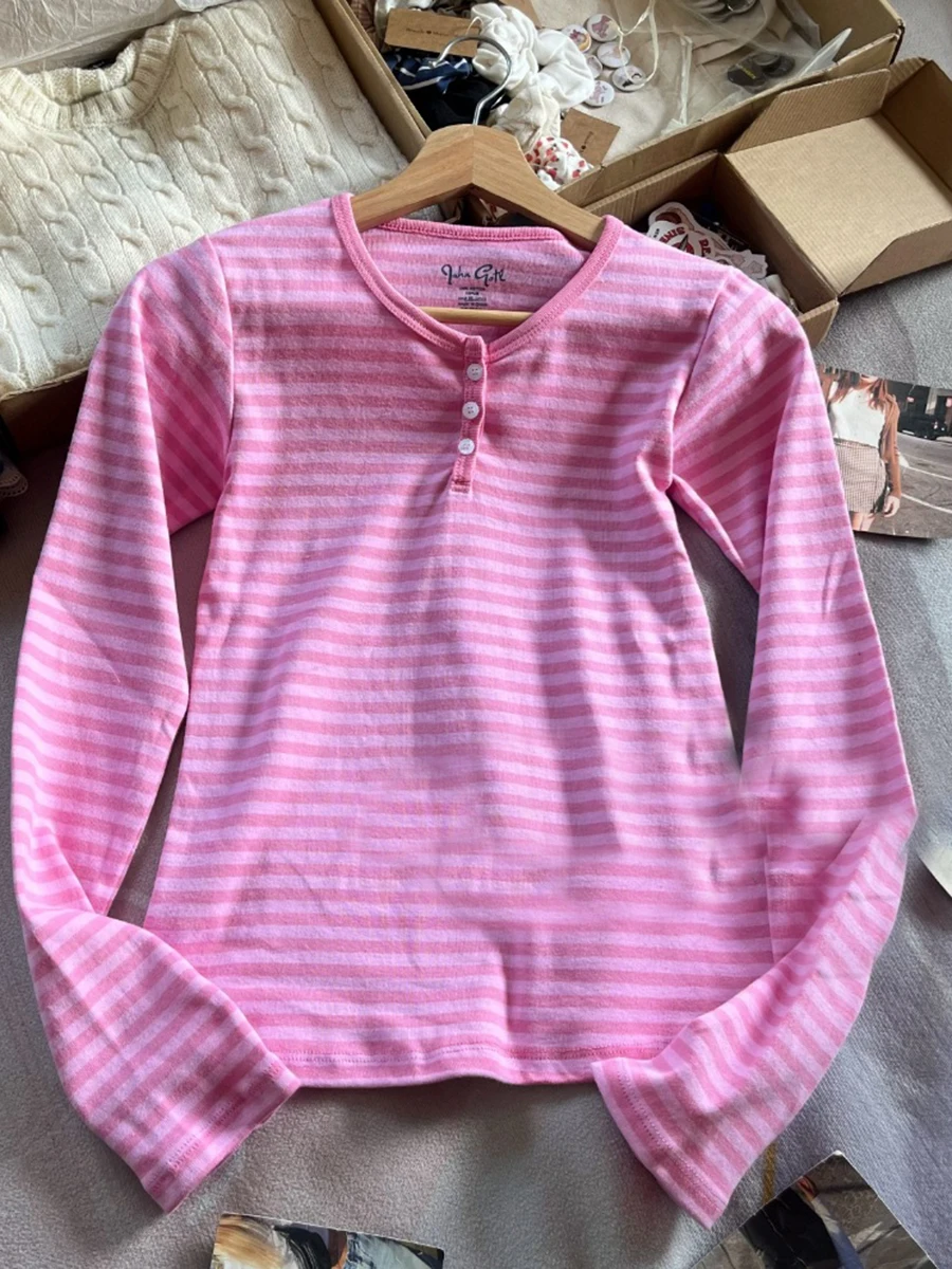 Roze Gestreepte Slanke Lange Mouw Tees Vrouwen Lente Casual Katoenen O-hals T-shirt Nieuwe Tops Kleding Zoete Leuke Vintage T-shirts Y2K - afbeelding 2