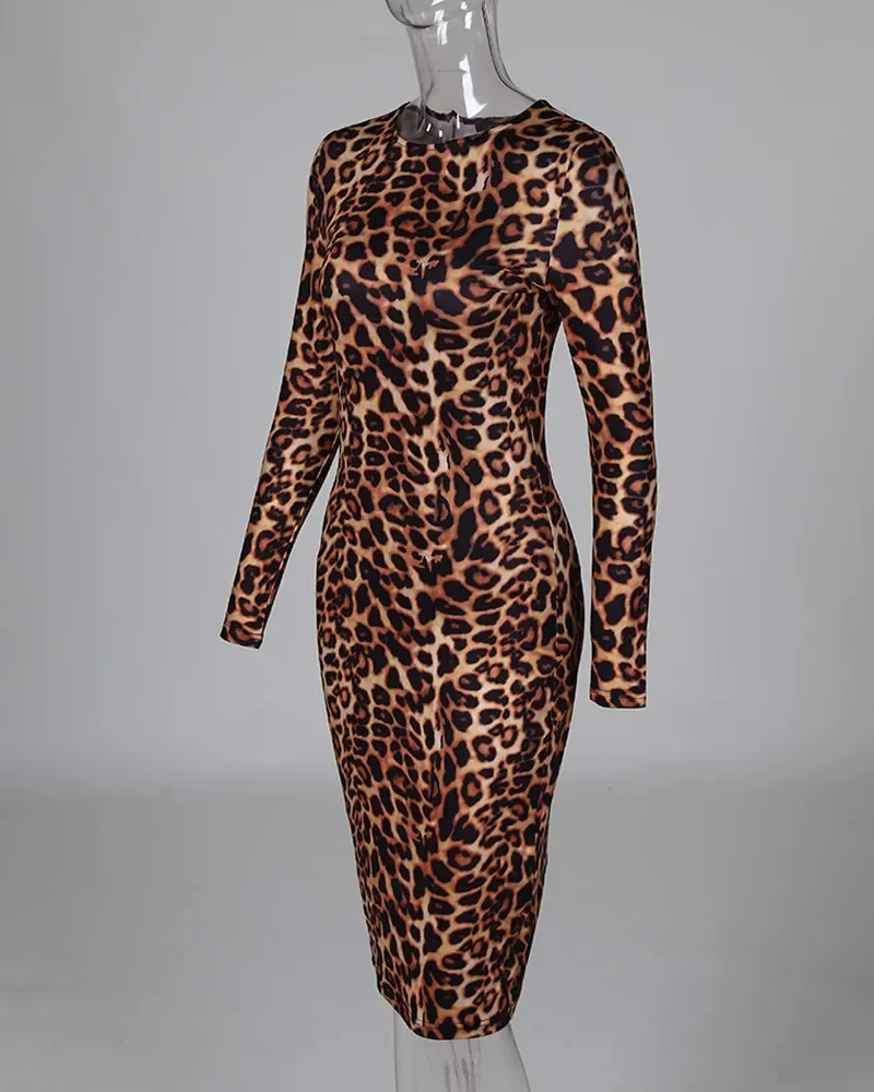 Vestido ajustado de manga larga con estampado de leopardo para mujer, Sexy, elástico