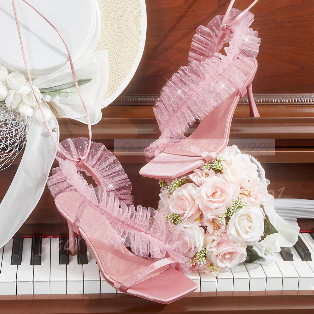 Mesh Sequins Square Toe Slingback Lace Up Skinny Heel Sandals Women Pink Satin Tulle Ruffle Fairy Sweet Party High Heels Sandals