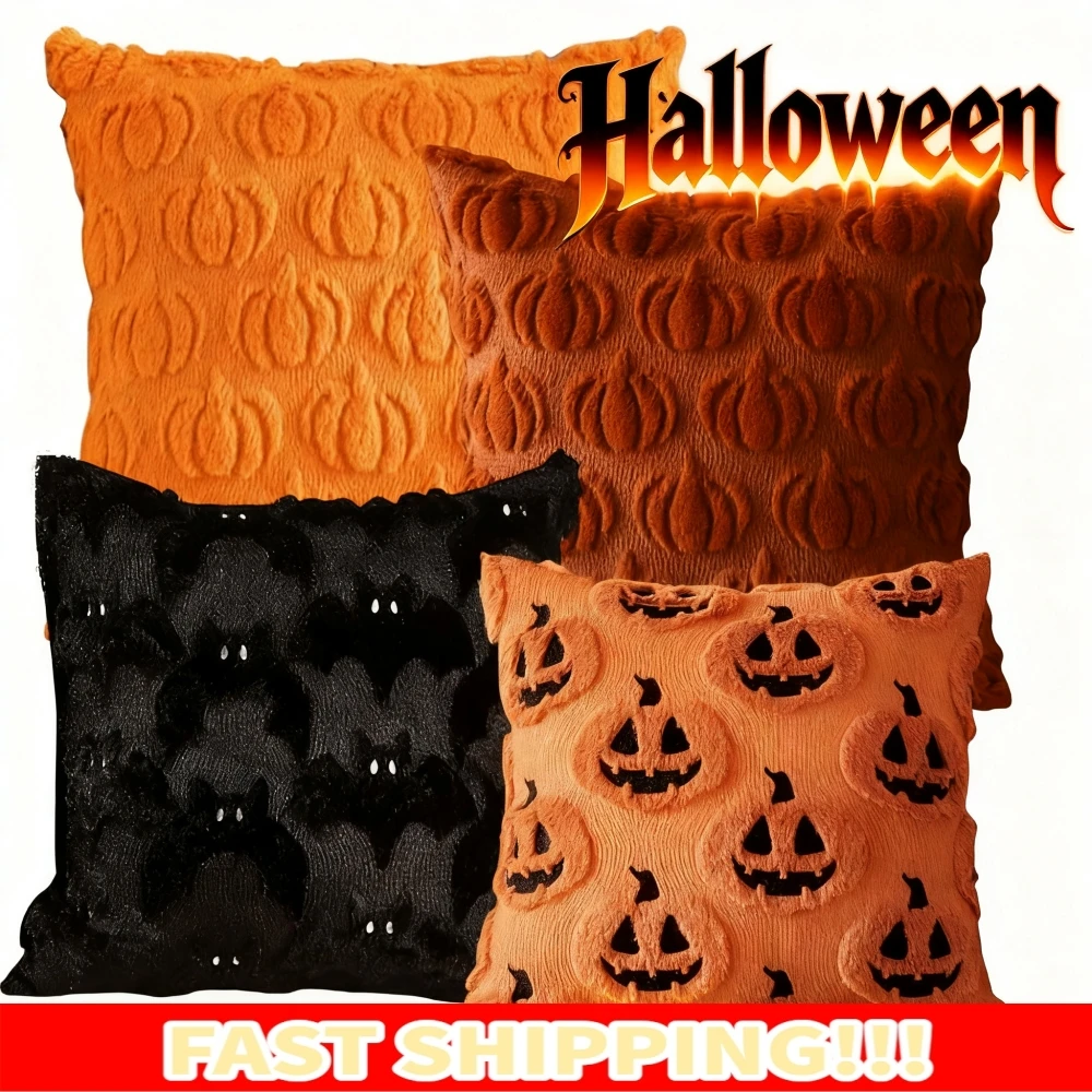 Decoración de Halloween para el hogar, funda de almohada suave de dibujos animados de calabaza, murciélago, fantasma, suministros de fiesta, adorno para el hogar de Halloween