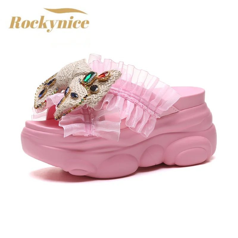 

2022 Women's Summer Casual Slippers Flowers 9CM Wedges Slides Chunky Sandals High Platform Flip-Flops Open Toed Beach Slippers