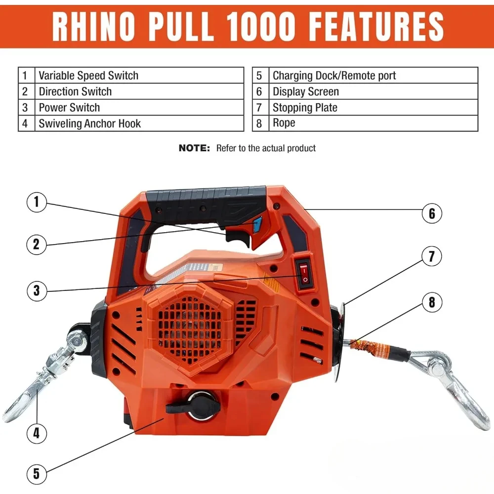 Rhino Pull 1000-24V Portable Electric Winch Battery Powered Winch 1/2 Ton (1000 Lb) Electric Hoist Wire and Wireless