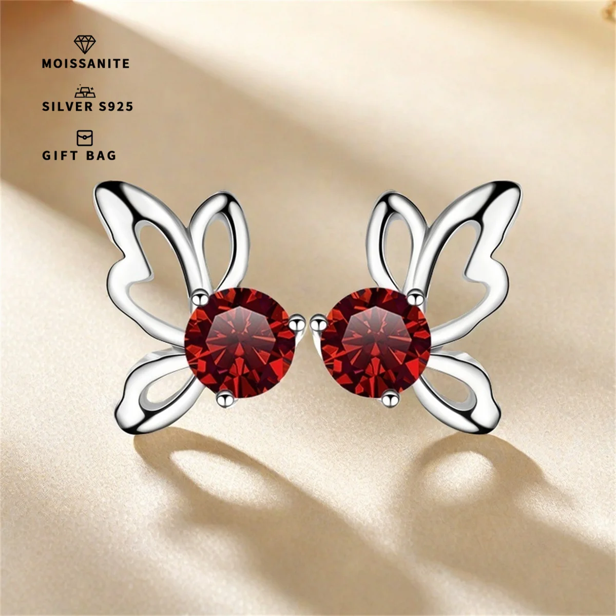 

S925 silver Platinum plating with Red GRA Moissanite butterfly stud earrings, lovely and delicate, suitable for everyday wear