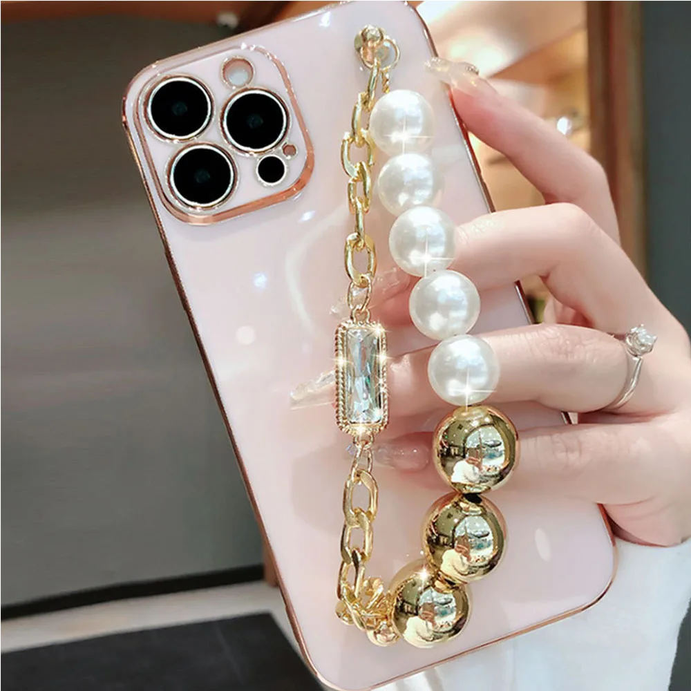 6D Plating Pearls Gem Wrist Chain Case For Huawei P60 P50 P40 P30 P20 Pro Lite Mate50Pro 40 Y7 2019 Y6P Soft Slicone Strap Cover