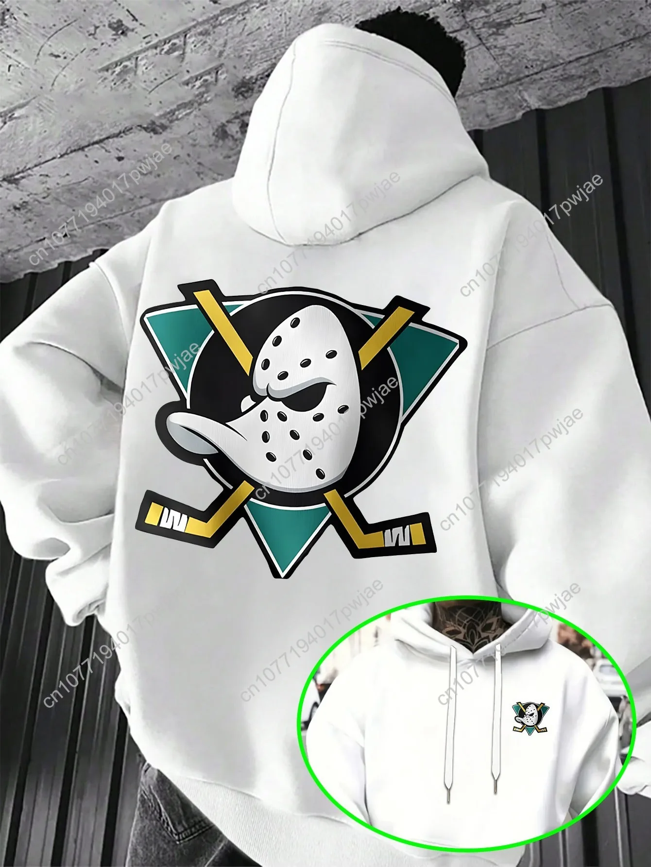 Moletom masculino moderno estilo rua com capuz com máscara de hóquei e estampa de bastão |   Casual, ajuste solto, tecido leve elástico, ideal f