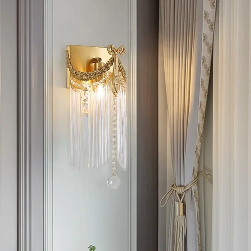 Classic French Bow Crystal Bedside Wall Lamp Vintage American Brass Lamp