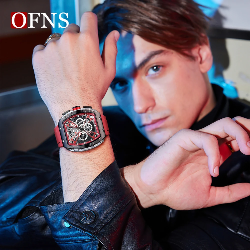 OFNS 8030 Fashion Men's Quartz Watch Wine Barrel Type Three Eye Six Needle Multifunctional Quartz Watch Calendar Men's Watch