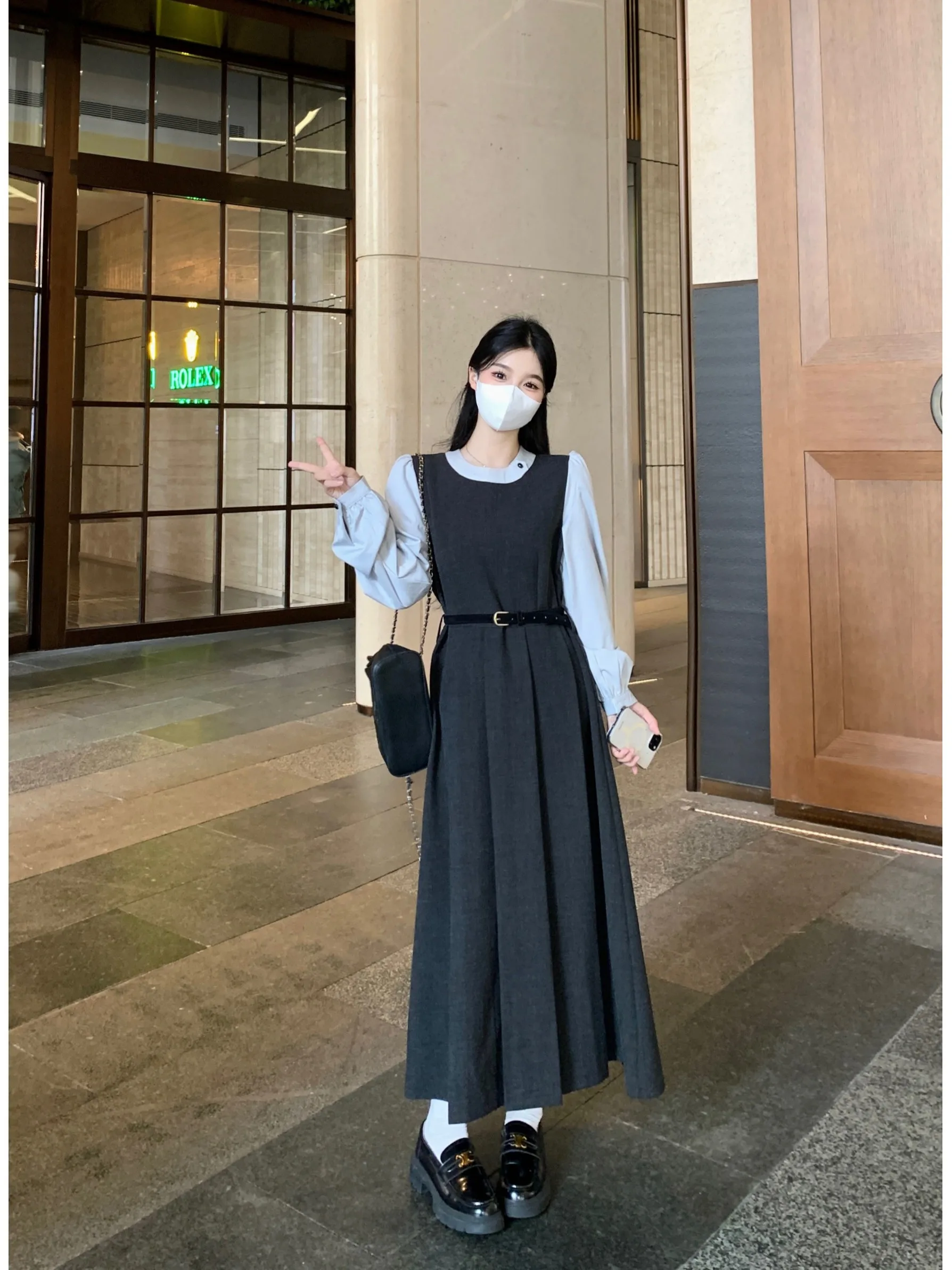 

plus Size Women's A-Line Long Sleeve Dress Autumn New Style High Waist Slimming Design Color Block Casual Wear Korean Style
