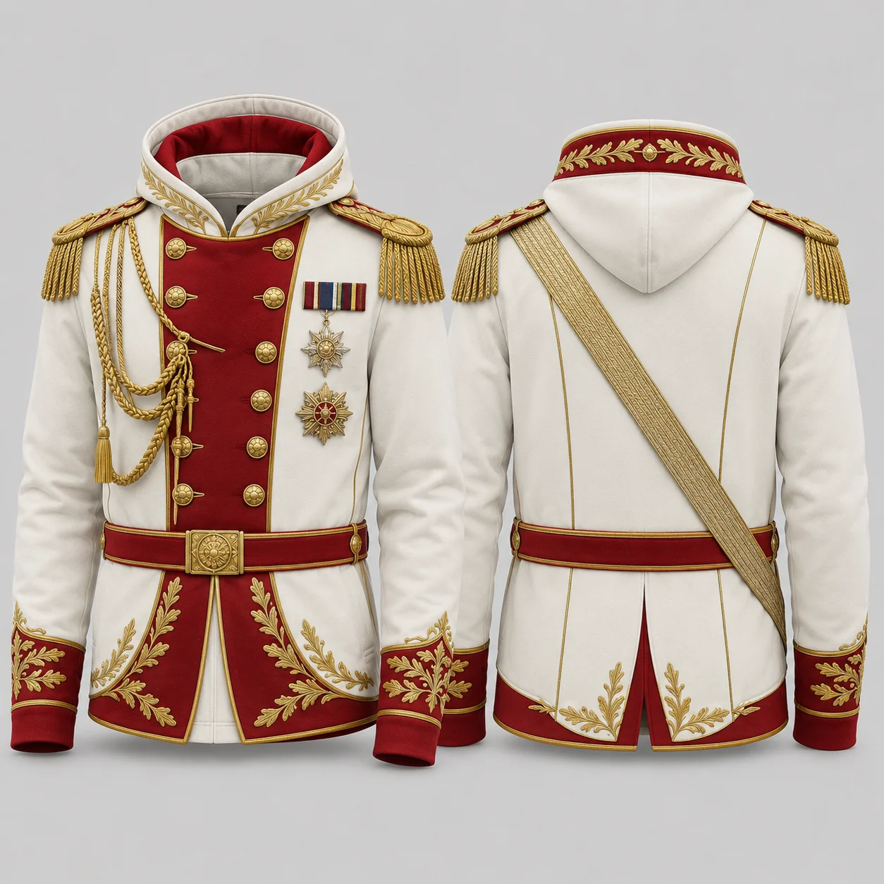 Vintage Military Uniform Style Hoodie Men White Red Gold 3D Print Pullover Officer Inspired Hooded Sweatshirt Retro Streetwear