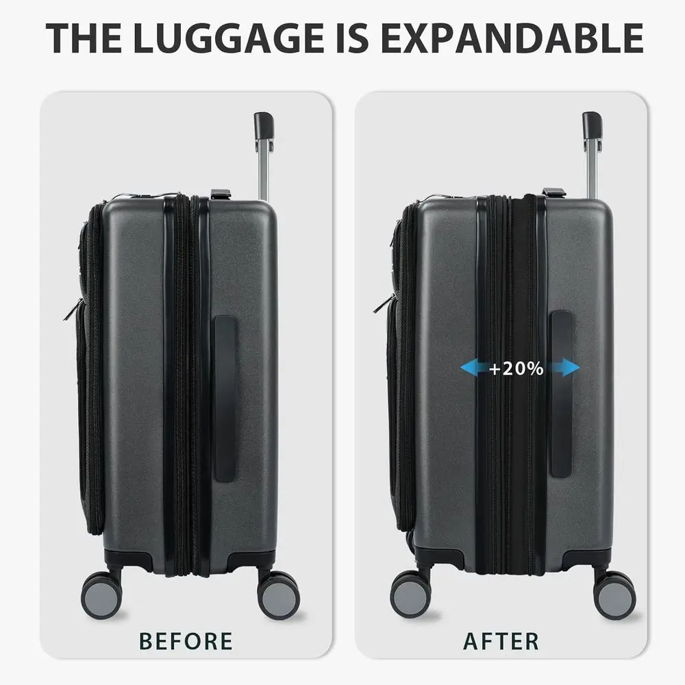 20 Expandable Hardside Carry-On Suitcase with TSA Lock, USB Port, and Front Pockets - Steel Grey