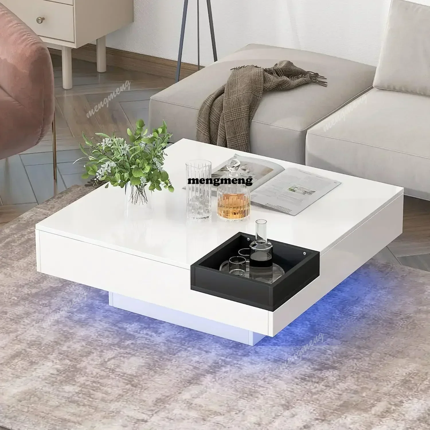 hot selling 31.5Modern Square LED Coffee Table with 16 Colors,Modern Minimalist Square Cocktail Table Detachable Tray Plug D80