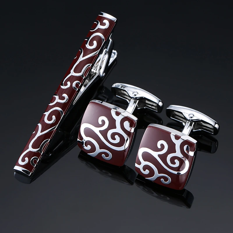 Copper material red enamel rattan pattern tie clip cufflink set fashionable design cufflink tie clip box men's jewelry wholesale