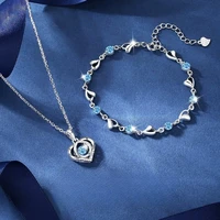 925 en argent Sterling en forme de coeur collier Bracelet ensemble pour les femmes Vintage coréen bleu cristal Bracelets ensemble de bijoux bijoux de fête 2