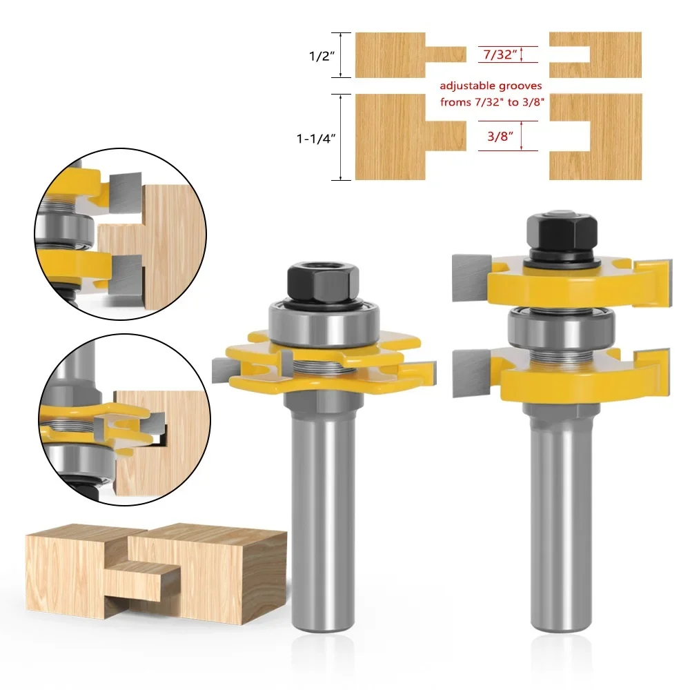 

2pcs set 12mm 1/2" Shank Tenon Cutter Floor Wood Bit T type Adjustable Groove & Tongue Router Bit Milling Cutter For Woodworking