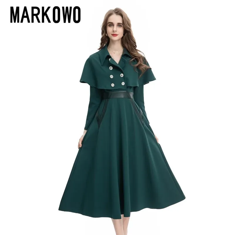 

MARKOWO Desinger Brand 2023 Double breasted long sleeved cloak dress with high waist and thin A-line belly covering long skirt