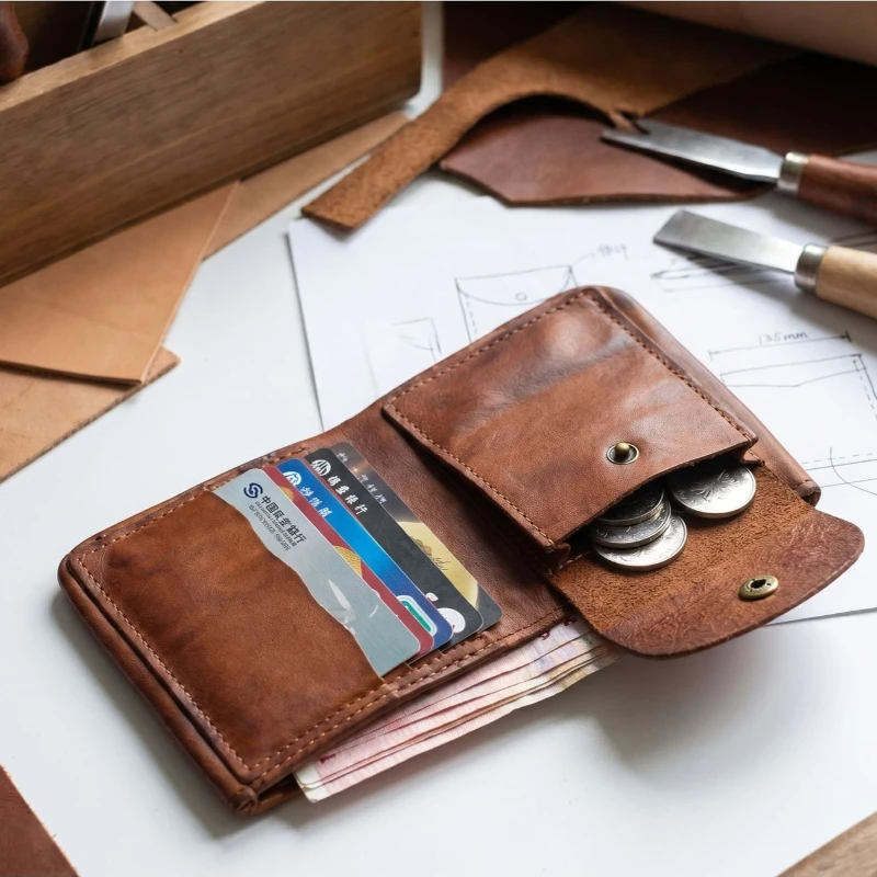 Brand Men's Retro Genuine Leather Bifold Wallet, Hand-Rubbed Distressed Cowhide Short Purse, Vintage Casual Card Holder for Men