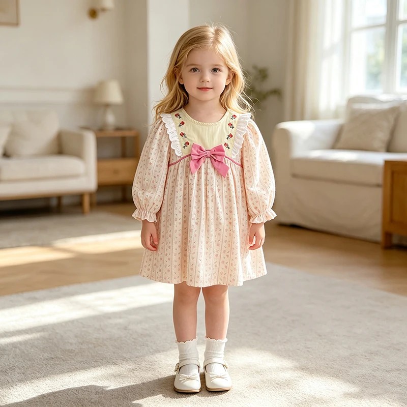 2026 Neue Frühjahrskollektion 2-6 Jahre Kinder Baumwollkleidung Mädchen Schleifenkleider Langarm Bestickte Baby Mädchen Party Süßes Kleid