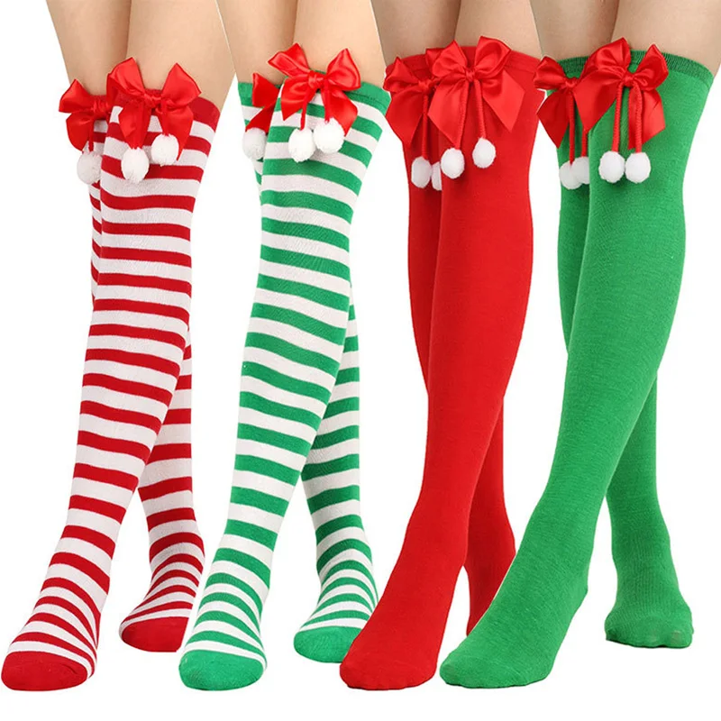 

1 пара женских рождественских носков с галстуком-бабочкой, длинные чулки в полоску, гольфы