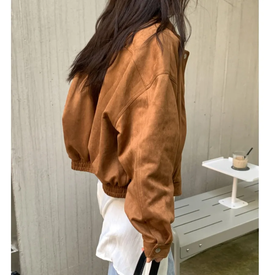 معطف نسائي أنيق من جلد الغزال لراكبي الدراجات النارية طويل Sve فضفاض مناسب للخريف والشتاء متعدد الاستخدامات ملابس خارجية للتخسيس معطف للسيدات