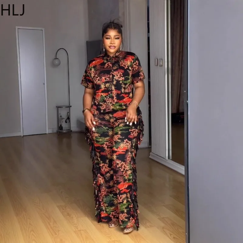 HLJ Elegante bloemenprint 2-delige set voor dames Knopen Korte mouw Crop Top en kwastjes Patchwork Broek Vrouwelijke streetwear Nieuw