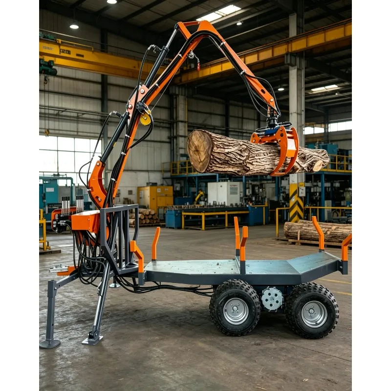 Self-Loading Log Trailer with Crane Grapple | Hydraulic Winch Timber Transport Trailer | High Efficiency Forestry Wood Handling