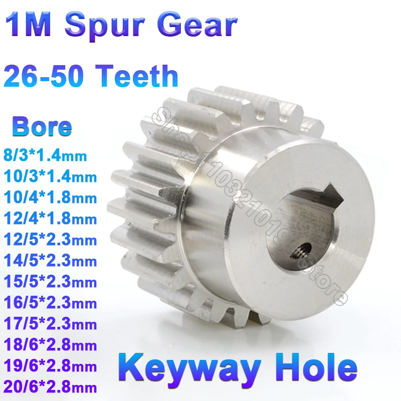 

1Pc 1 Module Spur Gear With Keyway Hole 26-50Teeth Stainless Steel 1M Pinion Gear with Step Motor Transmission Parts Bore 8-20mm