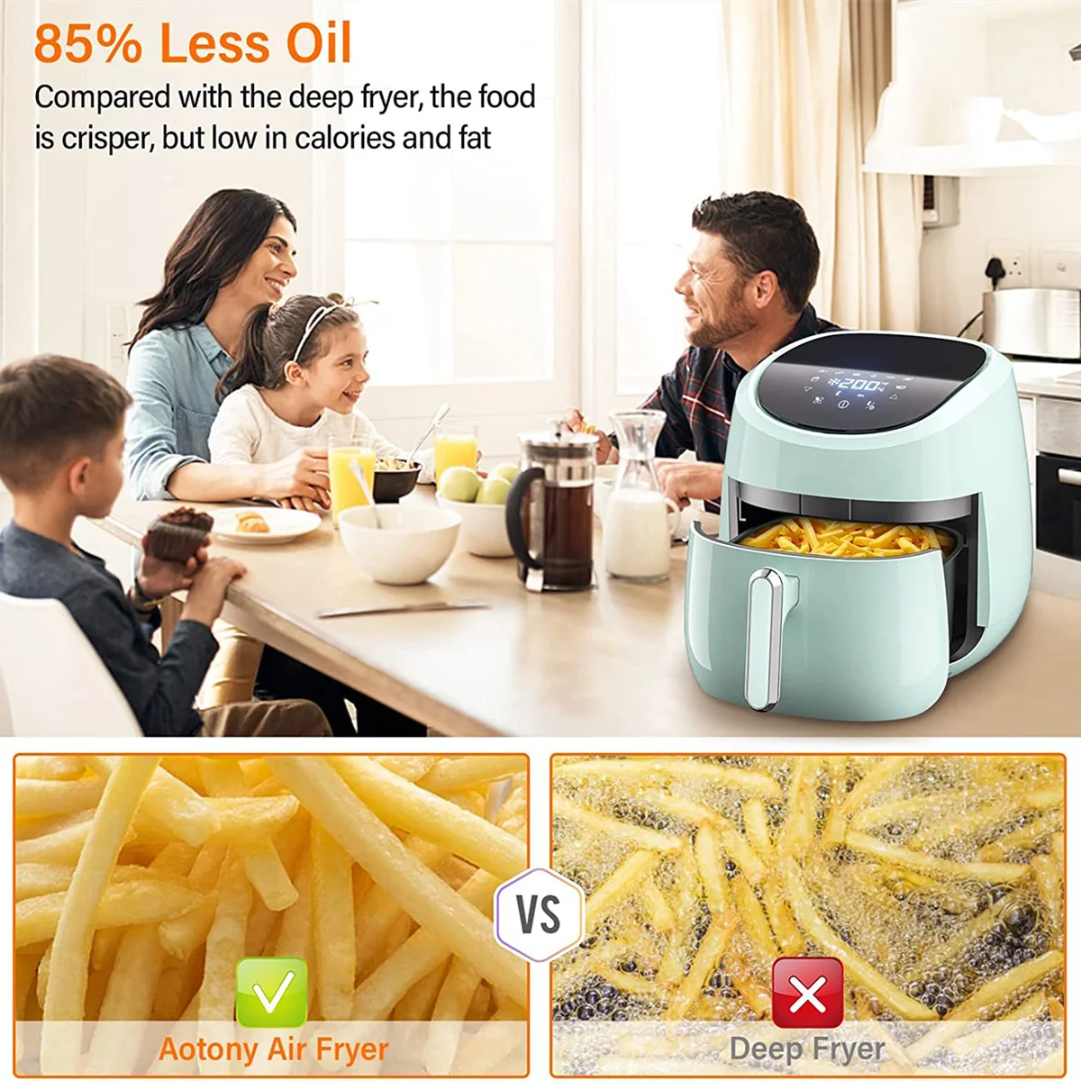 ELPIS Smart Air Fryer 4 ลิตรไม่มีน้ำมัน LCD Touch Screen Airfryer เมนูที่ตั้งไว้ล่วงหน้าเตาอบไฟฟ้าอเนกประสงค์ Fryer เครื่องทำอาหาร