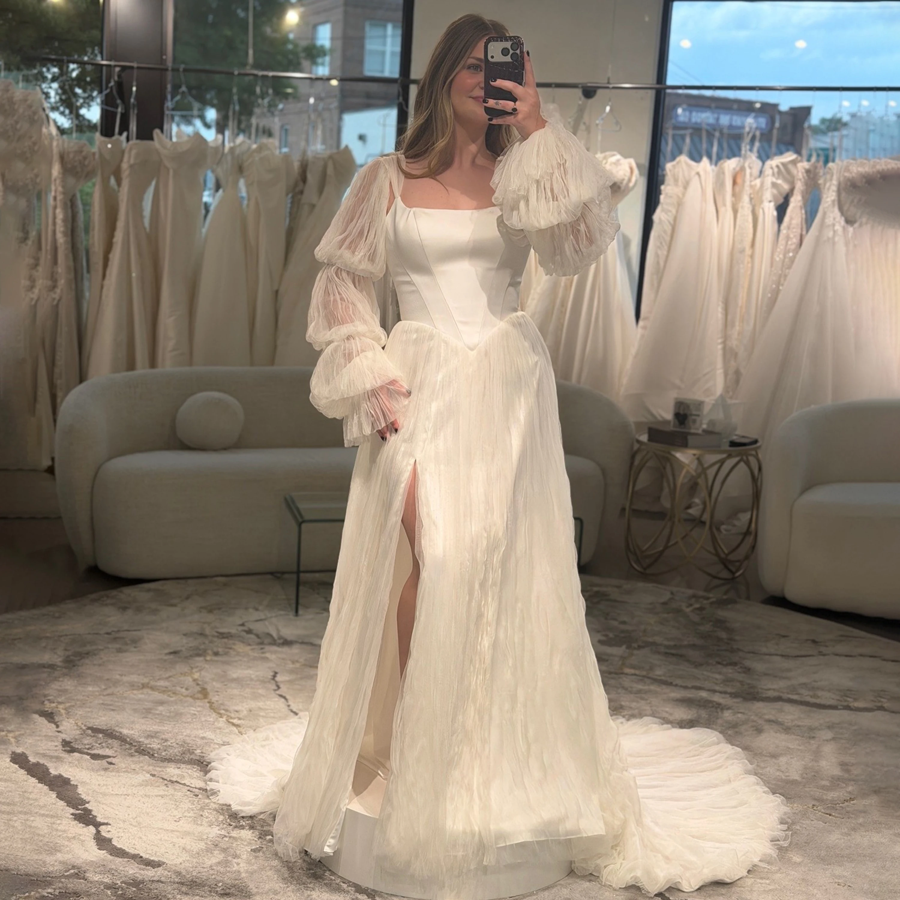

Luxury Lace Wedding Dress Spaghetti Straps Detachable Sleeves Princess Bride Dress Long Train Square Neck Bridal Gown Customized