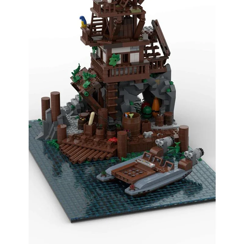 Ninja thema stad diorama bakstenen boom van kraan roterende lier scène moc roterende havenbolder bouwstenen houten toren