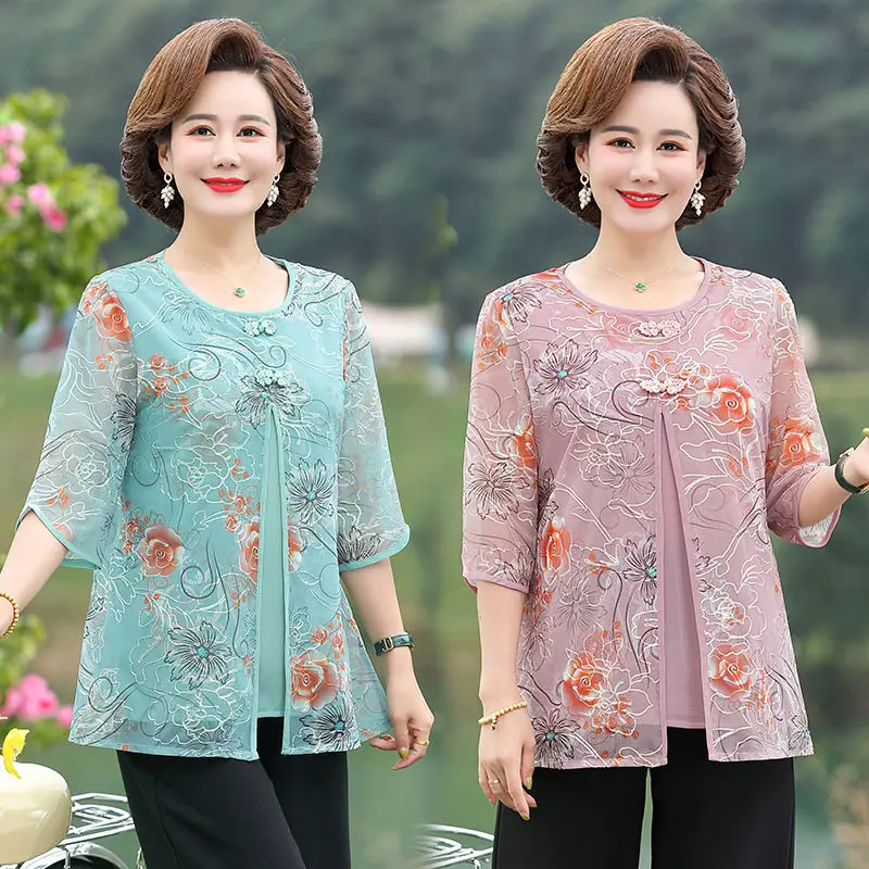 

5XL New Middle-aged Mother Fake Two Pieces Tee Shirt Summer Fashion Chiffon Top Women's Mid-sleeve T-shirt Blouse