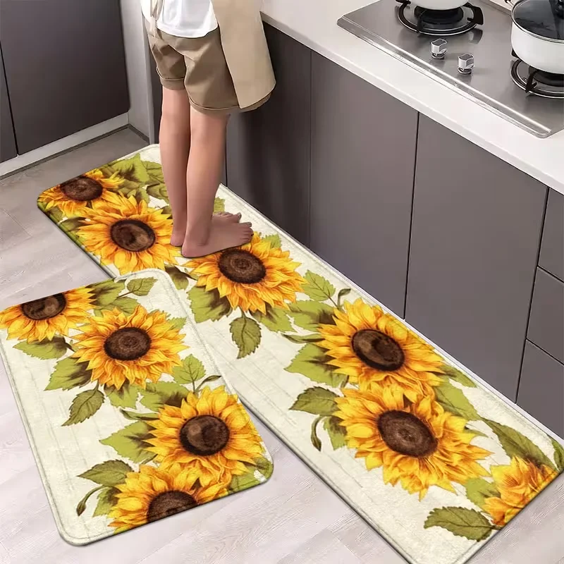 Fußmatte mit grünen Sonnenblumenblättern, rutschfeste Küchenmatte für den Innen- und Außenbereich, maschinenwaschbare Eingangsbereich-Badezimmermatte mit Sonnenblume