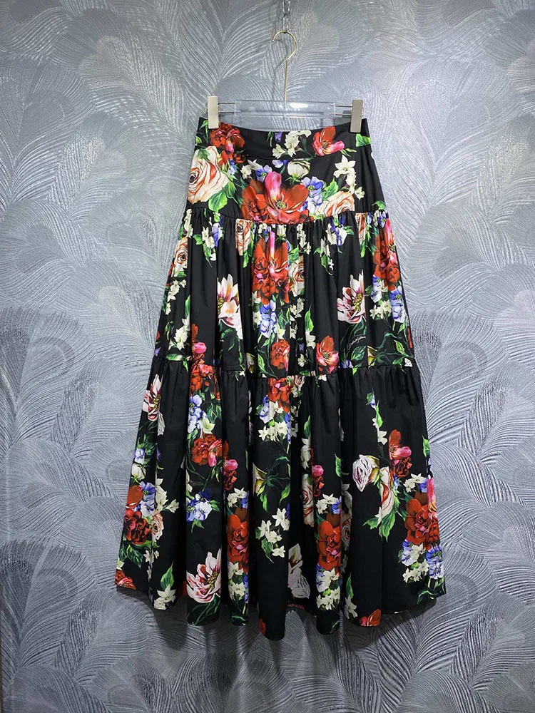 Fashion Women 100% Cotton Skirt Summer Beach Holiday Flower Printing Half Dress Elegant Empire Expansion