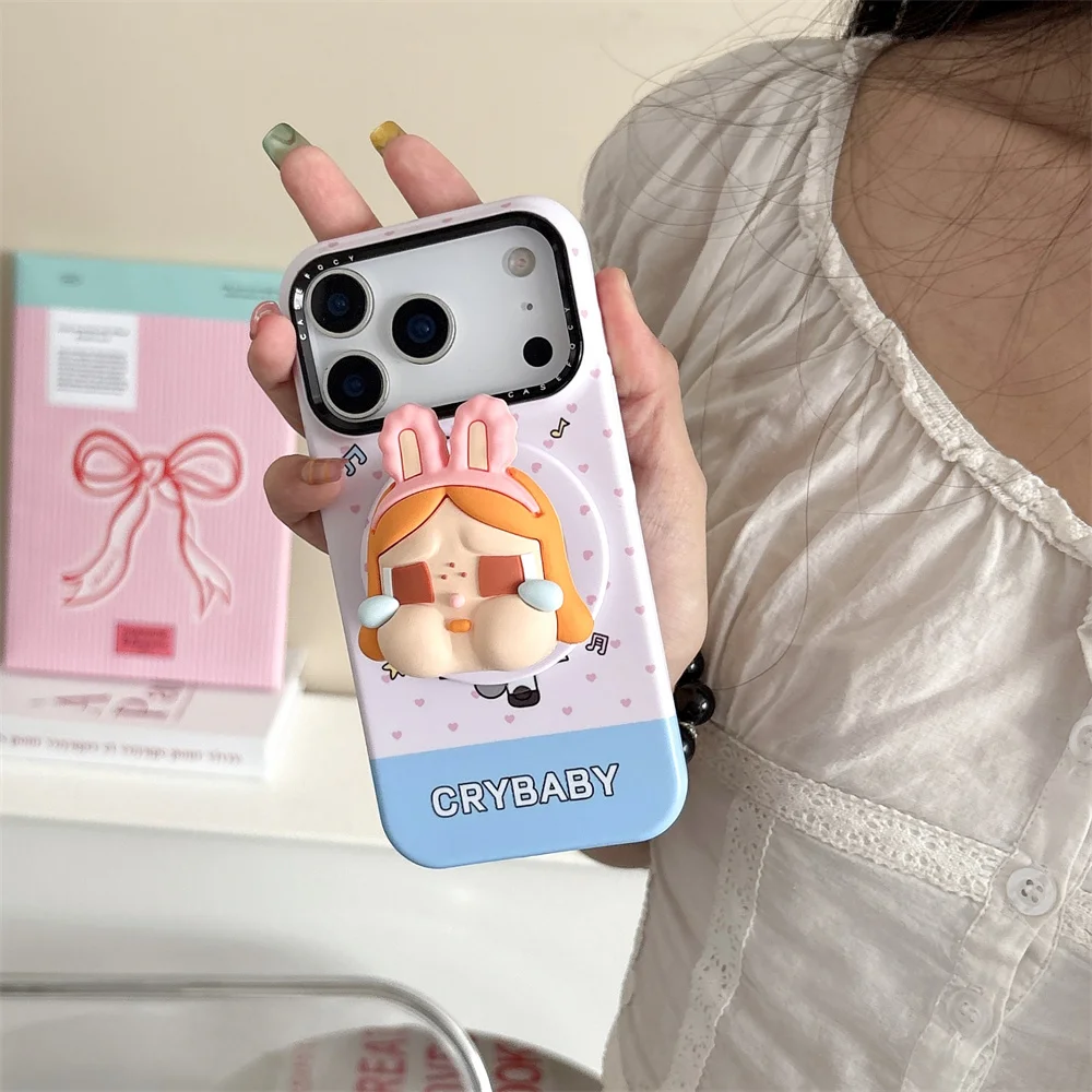 

Cute Rabbit Crying Girl Magnetic Stand Phone Case For iPhone 16 Pro 17 Pro Max 14 15 Fundas Protective Cover For Magsafe Cases