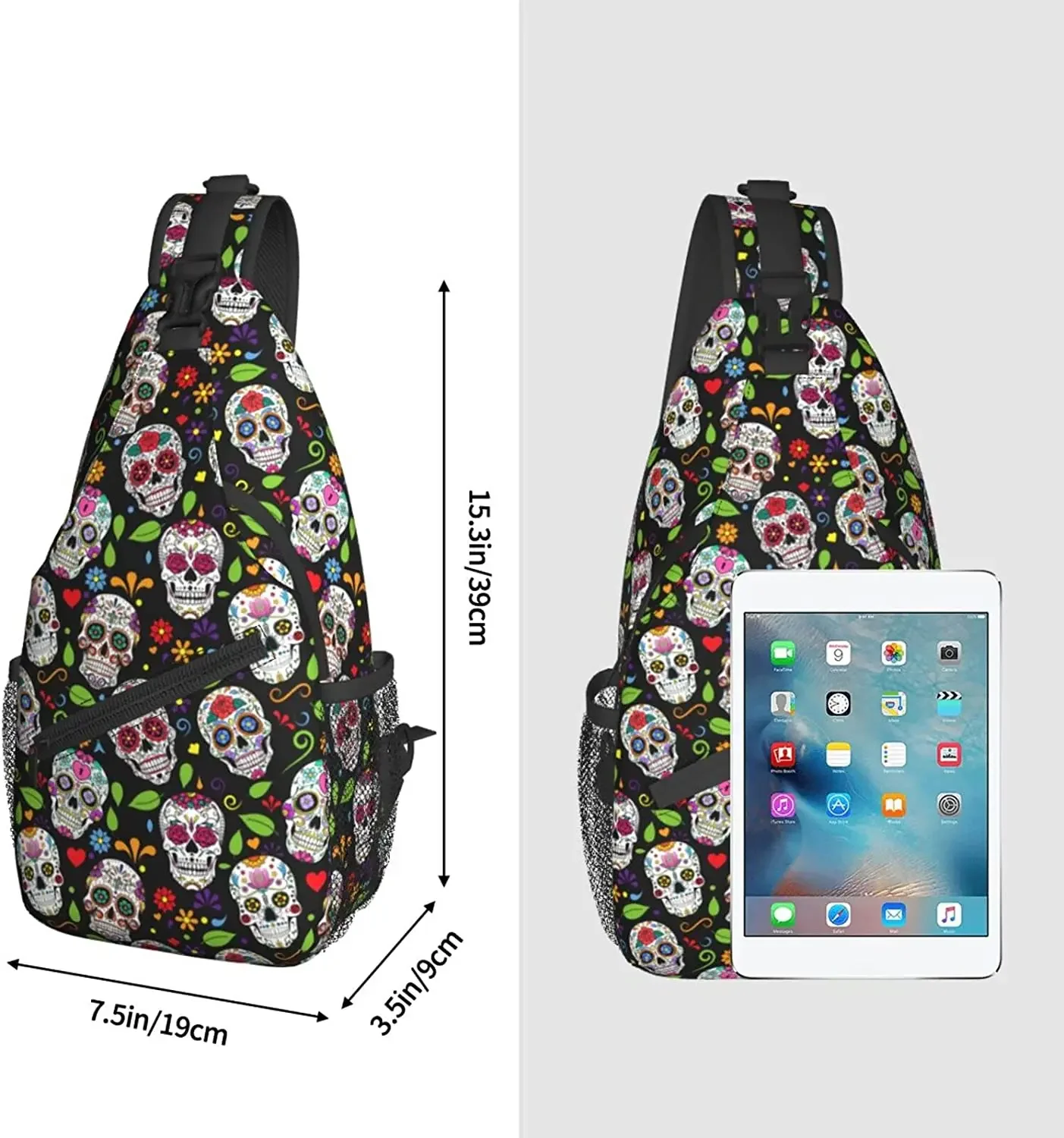 Sugar Skull Sling Bag Crossbody Backpack Hiking Travel Daypack Chest Bag Lightweight Shoulder Bag for Women Men