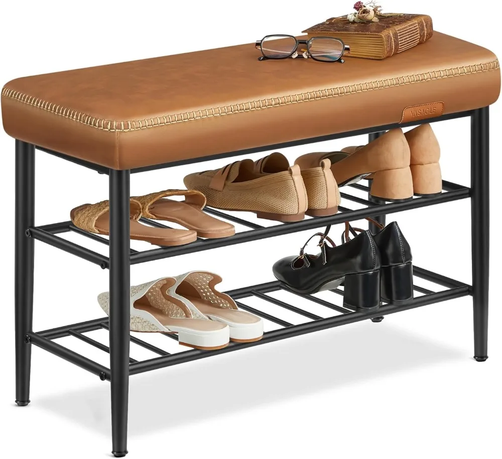 Mid-Century Modern Shoe Rack Bench with Storage, Synthetic Leather, Holds 300 lb, Caramel Brown for Entryway