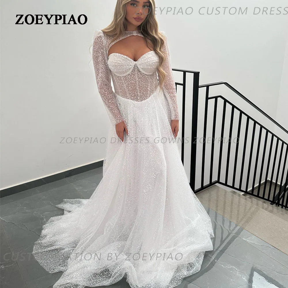 

2024 Sparkly O Neck Israeli Vestidos De Novia Glitter Tulle Pretty Princess Gowns Floor Length Shiny Luxury Wedding Dresses