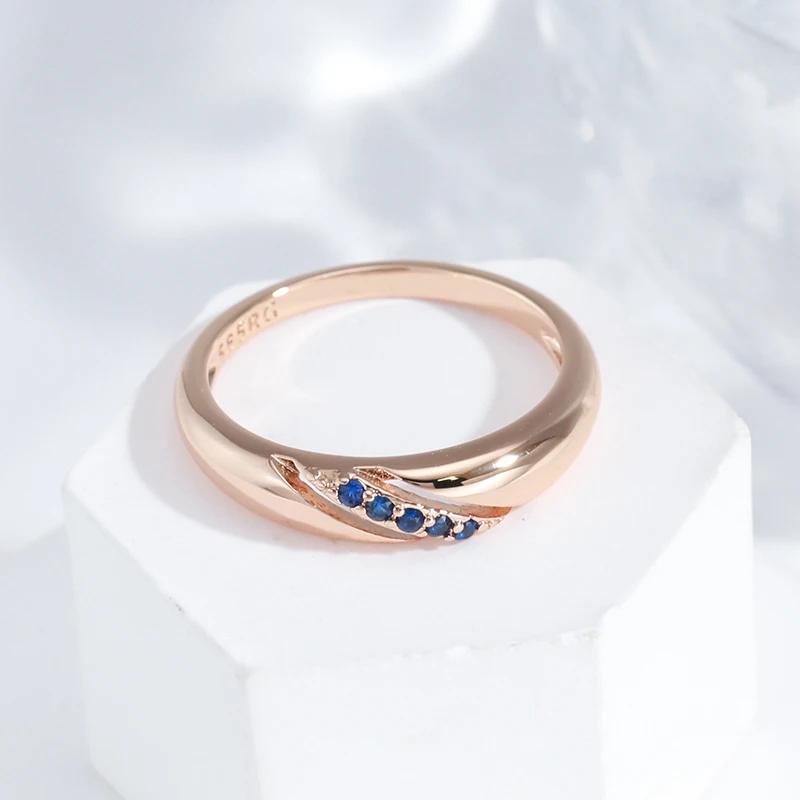 Minimalist Twill Blue Zircon 585 Rose Gold Color Fashion Rings Women Vintage Geometric Jewelry Ethnic Stackable Simple Rings