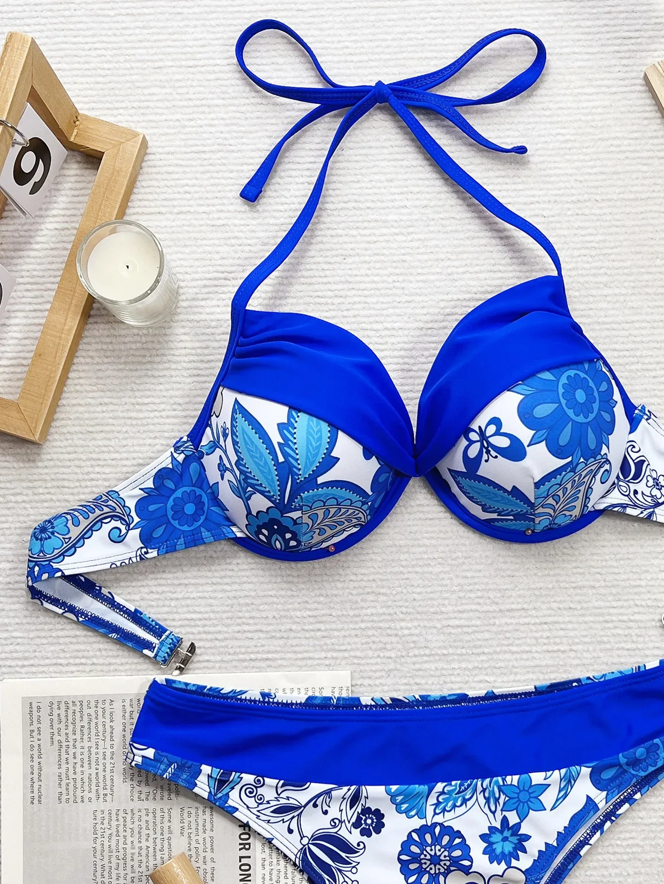 Blue Women's Bikini Set Sexy Bra Push Up V-neck Suspender 2-piece Swimsuit 2024 Summer High Waist Print Beach Backless Swimwear
