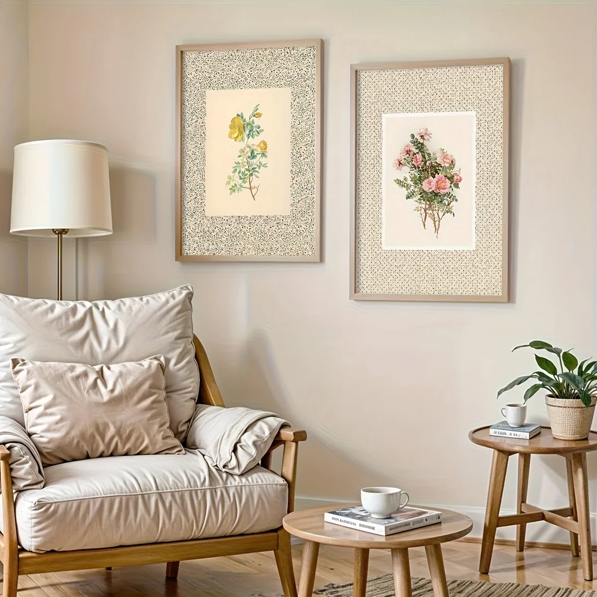 2pcs French Cottage Botanical Art Print Soft Pink Yellow Green Floral Wall Paintings Vintage Flower Blooms Decor Gift Poster