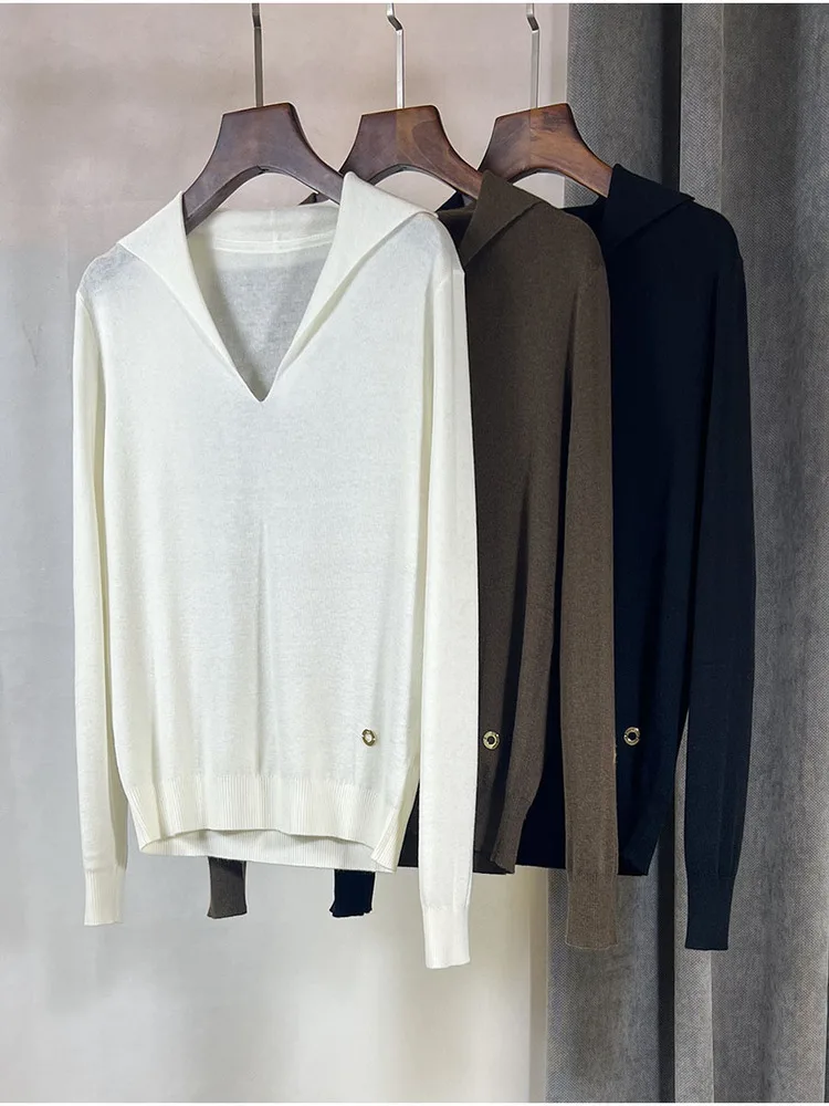 

Элитный вязаный свитер из 100% шерсти, классический повседневный, с V-образным вырезом, темно-синий, для женщин