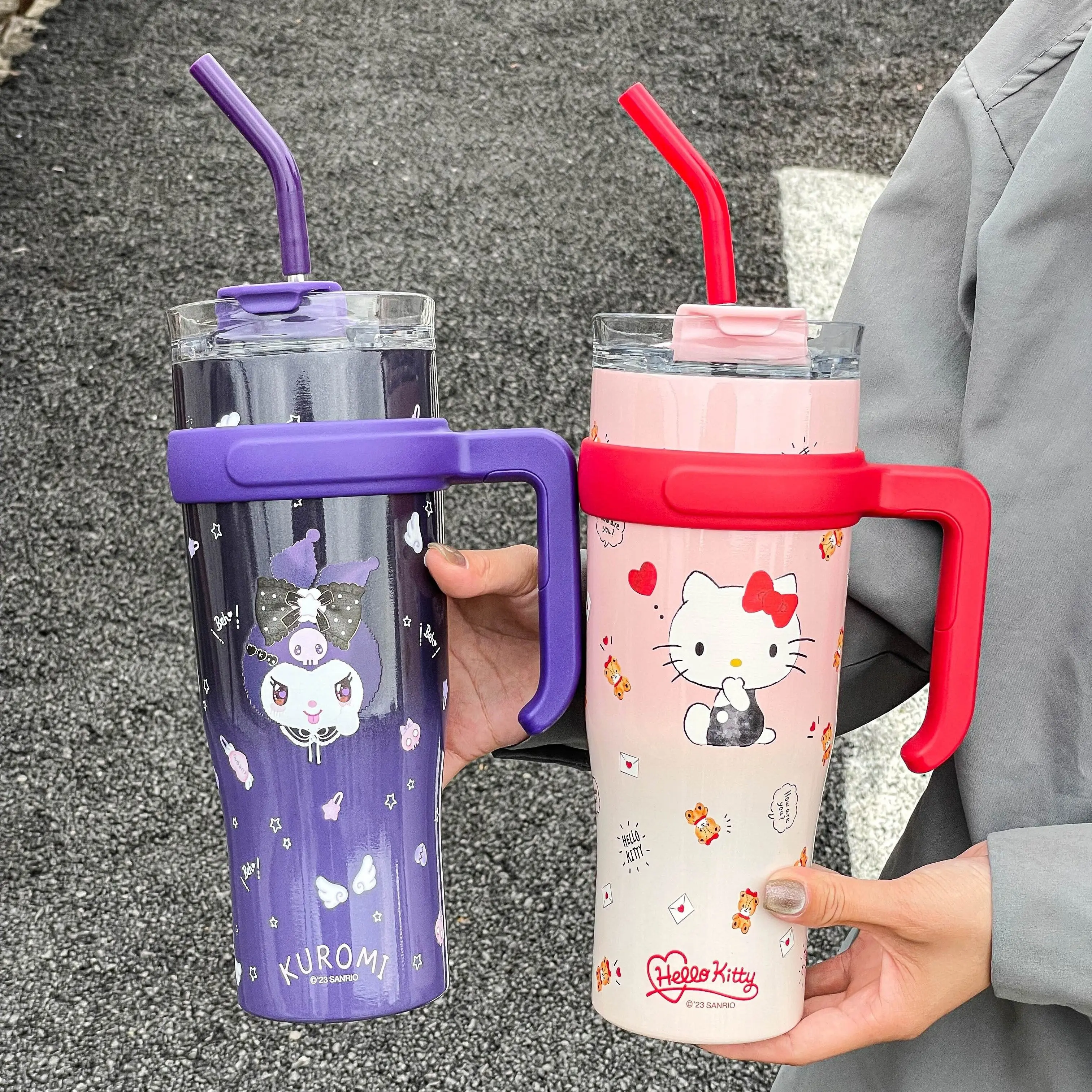 HelloKitty Tumbler Straw  1200ML large capacity Kuromi Cinnamoroll Melody Stainless Steel Thermos Cup Sanrio Cute  Water Bottle